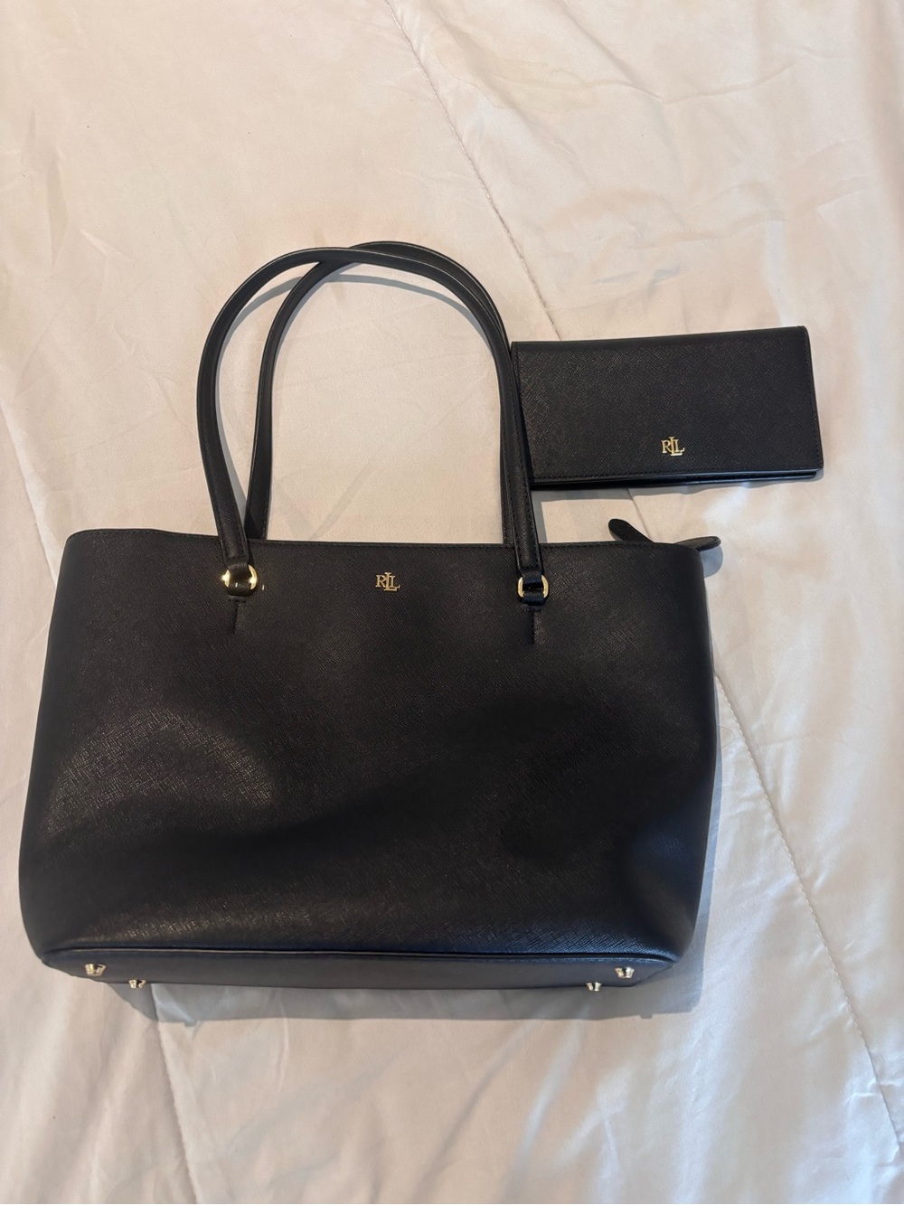 Lauren Ralph Lauren crosshatch large Karly tote + wallet in black